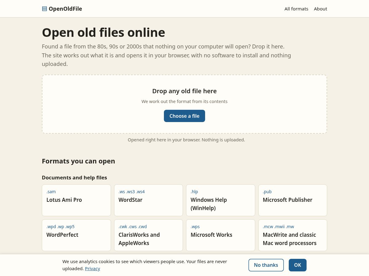 Landing-page snapshot of openoldfile.com