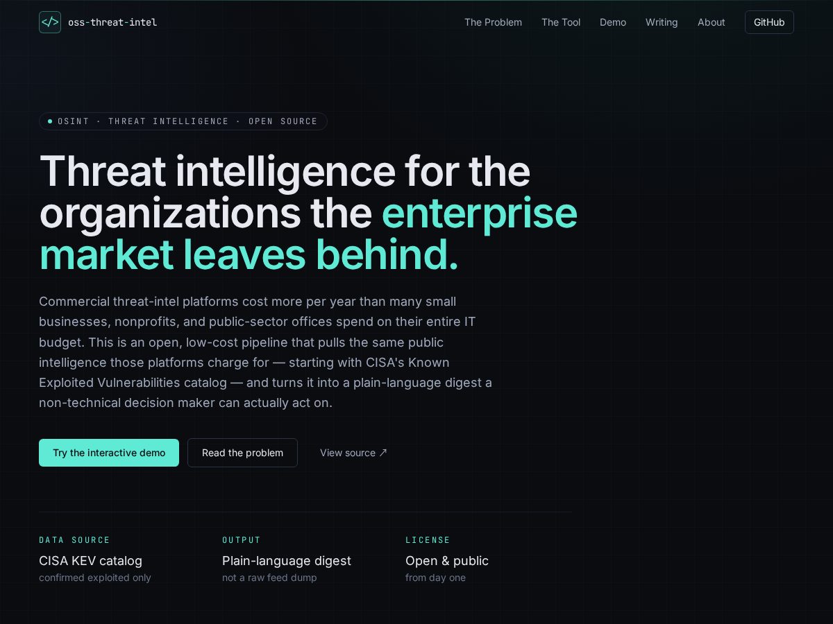 Landing-page snapshot of ossthreatintel.dev