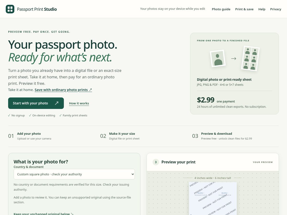 Landing-page snapshot of passportprintstudio.com