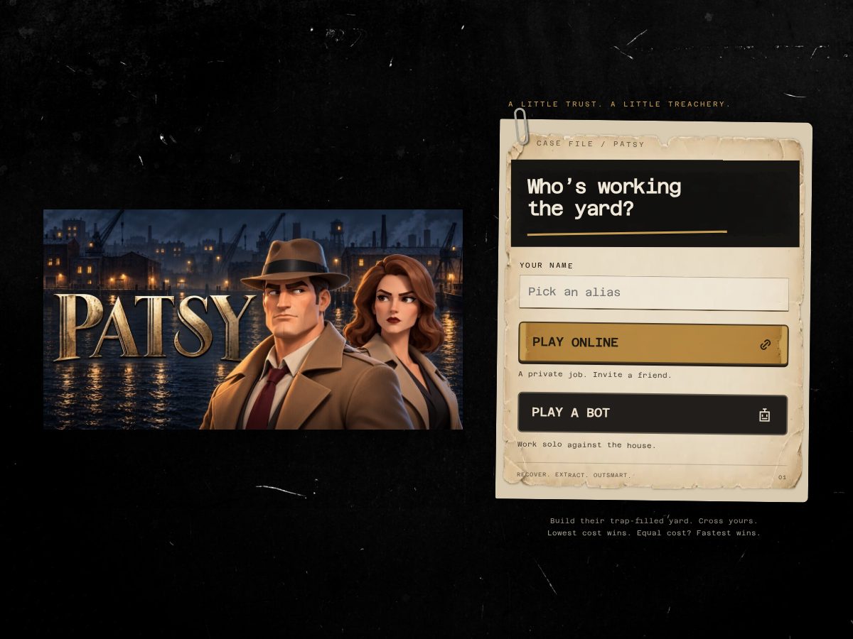 Landing-page snapshot of patsygame.com