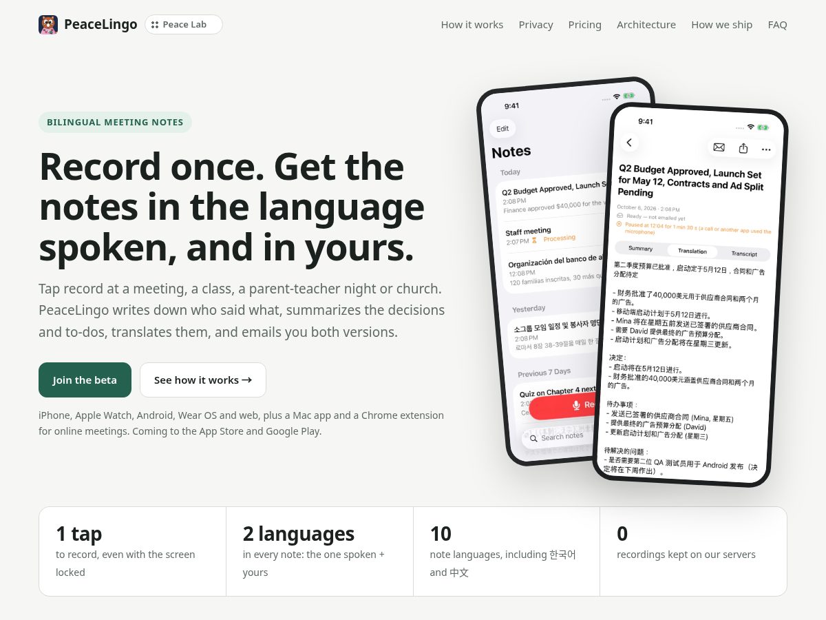 Landing-page snapshot of peacelingo.com