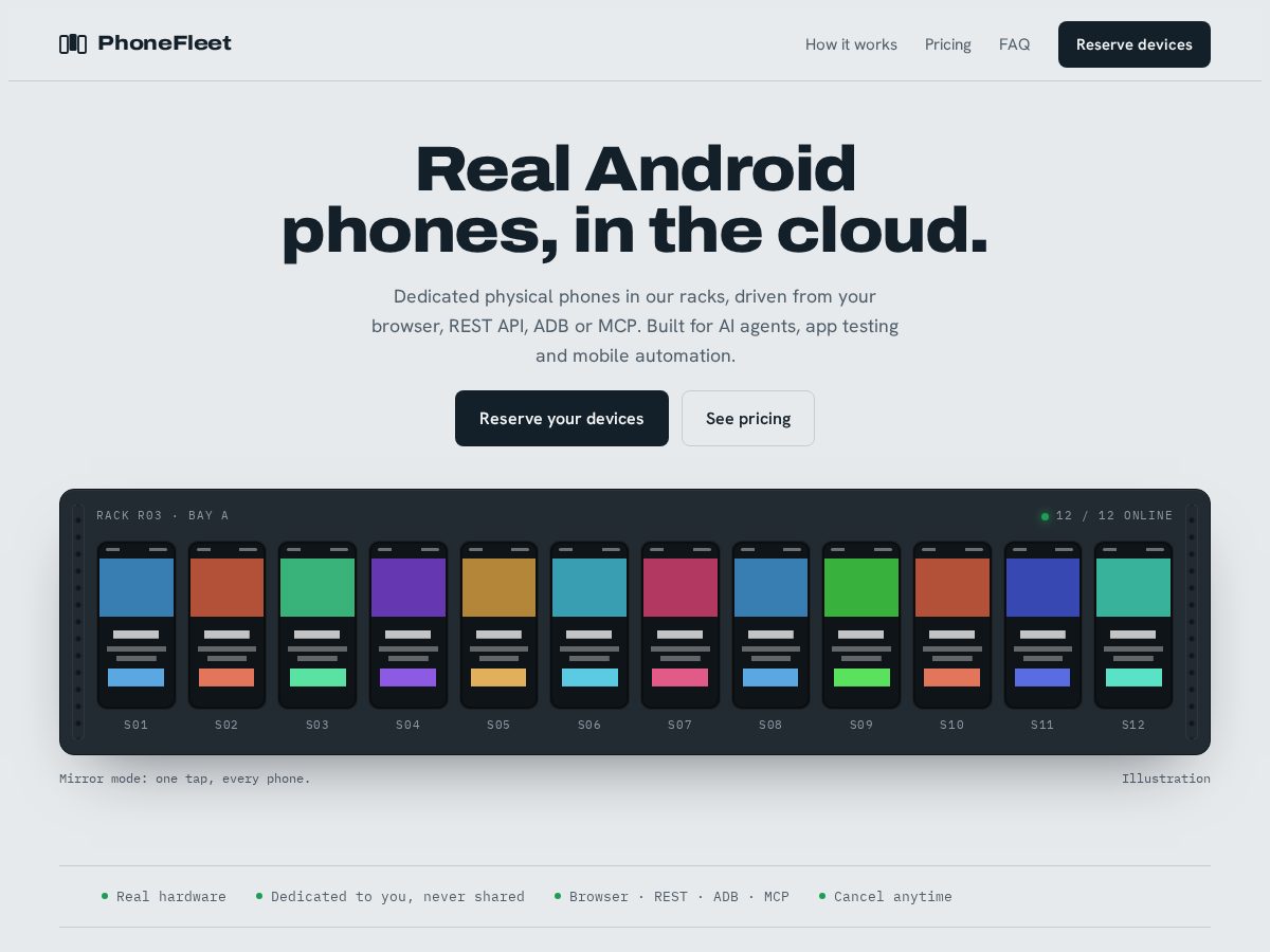 Landing-page snapshot of phonefleet.dev