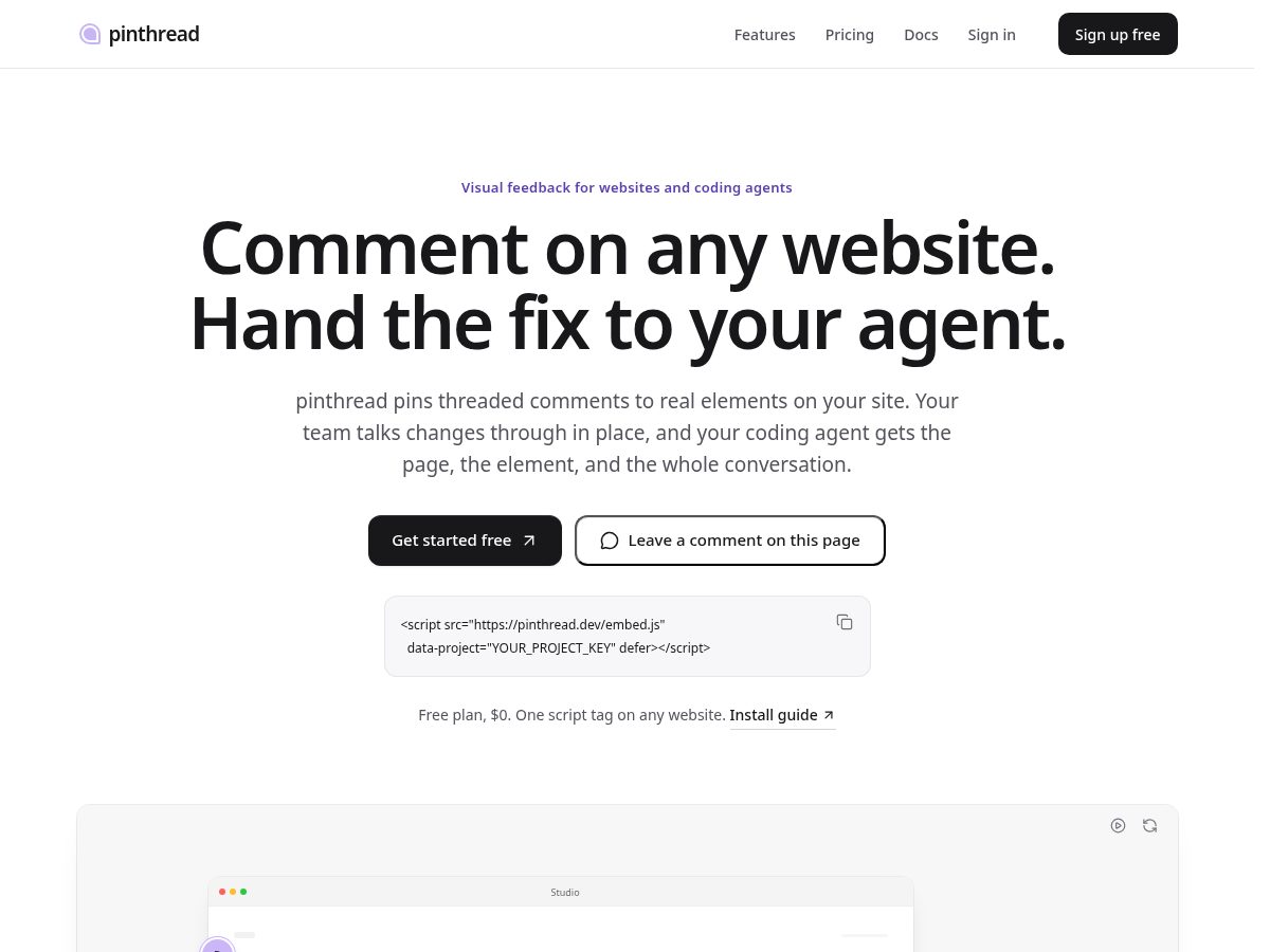 Landing-page snapshot of pinthread.dev