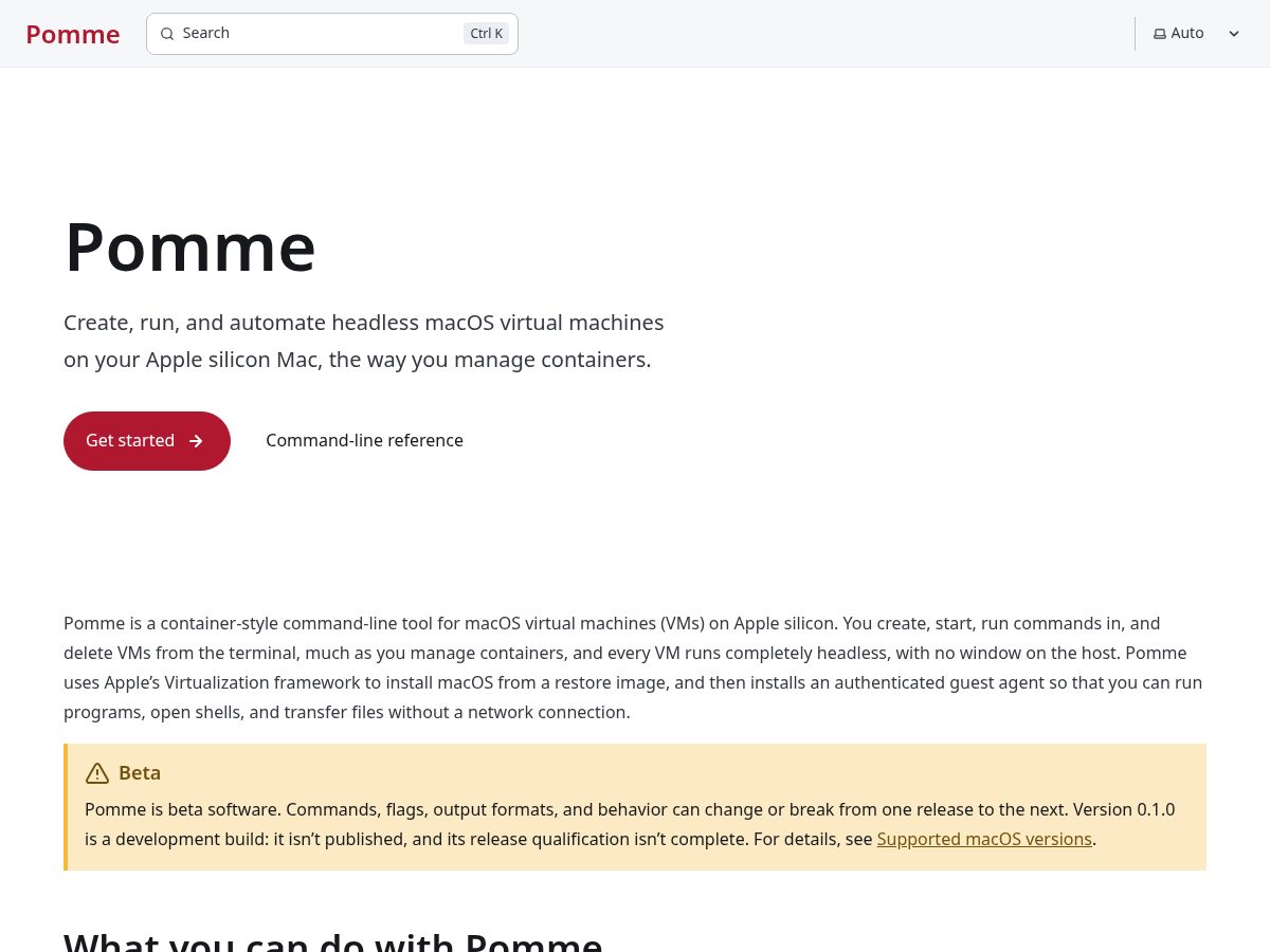 Landing-page snapshot of pommevm.dev