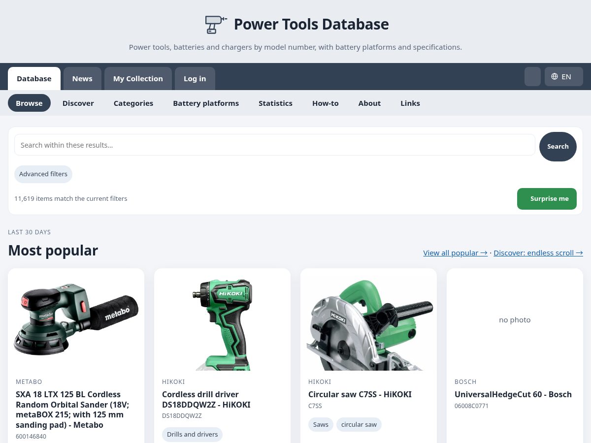 Landing-page snapshot of powertoolsdatabase.com