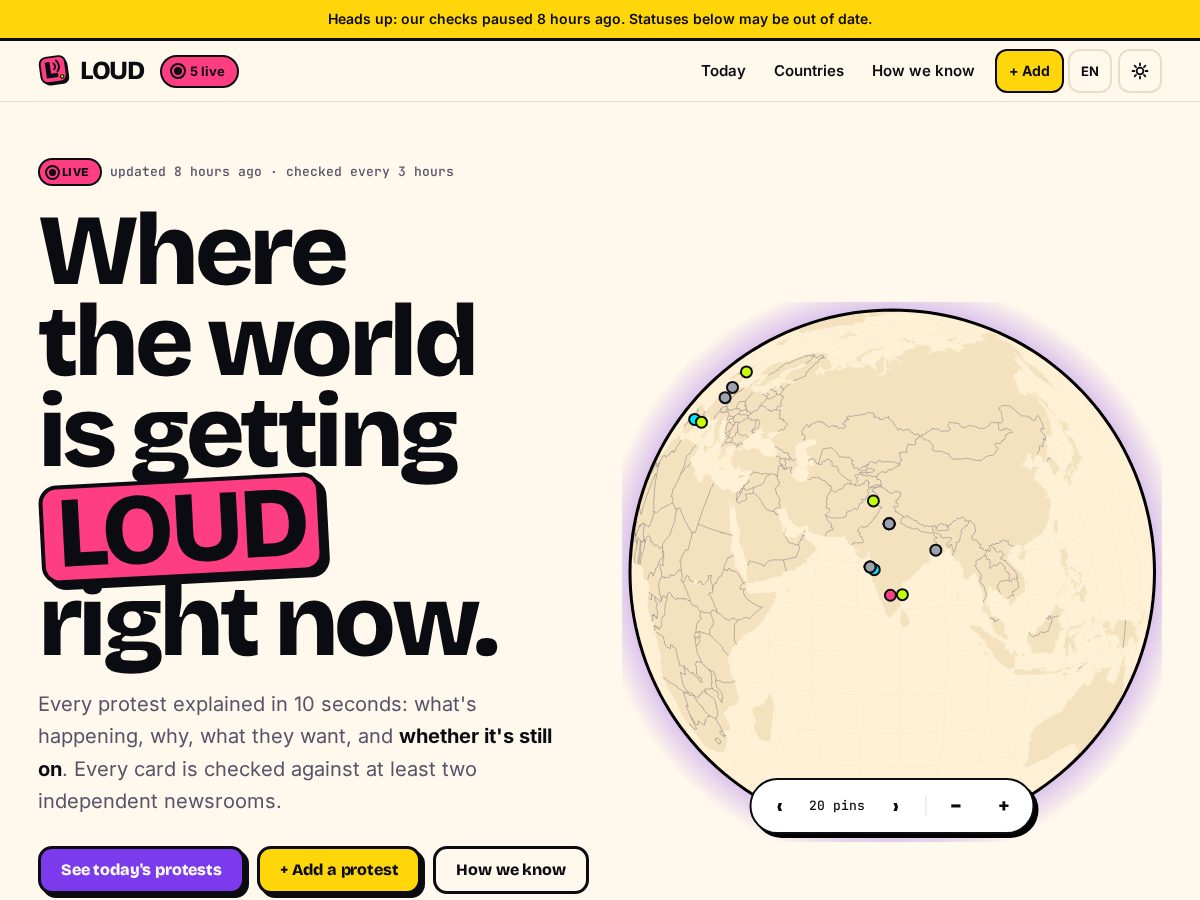 Landing-page snapshot of protesttracker.online