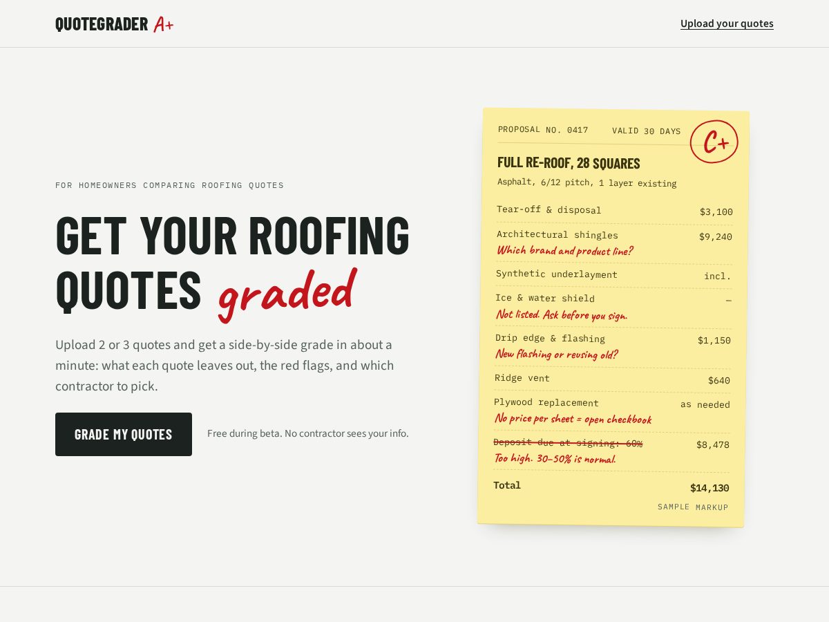 Landing-page snapshot of quotegrader.com