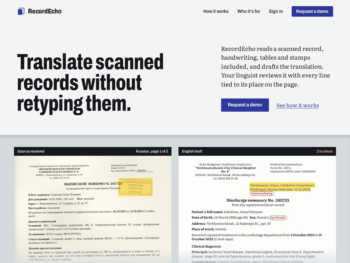 Landing-page snapshot of recordecho.com