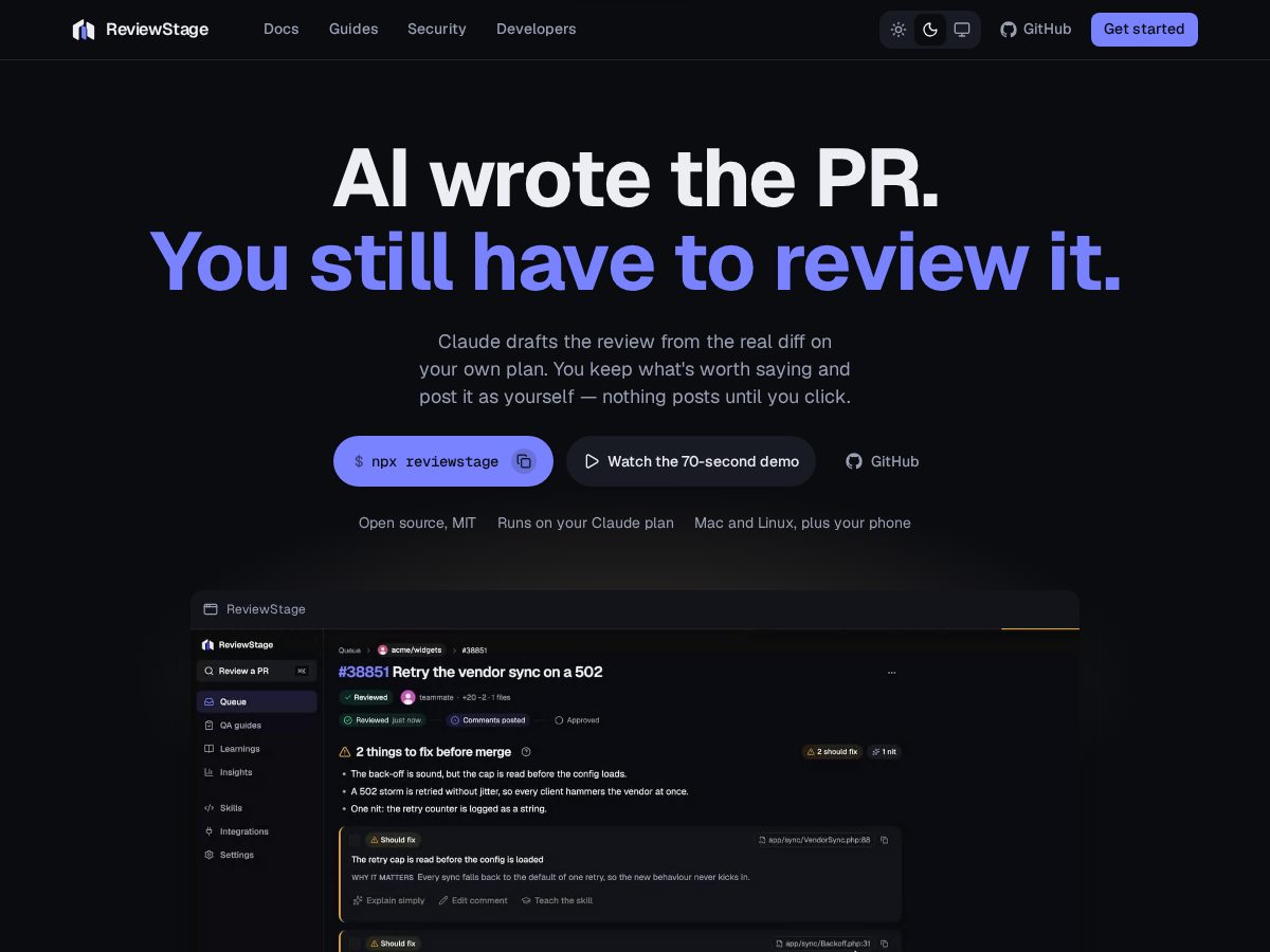 Landing-page snapshot of reviewstage.dev
