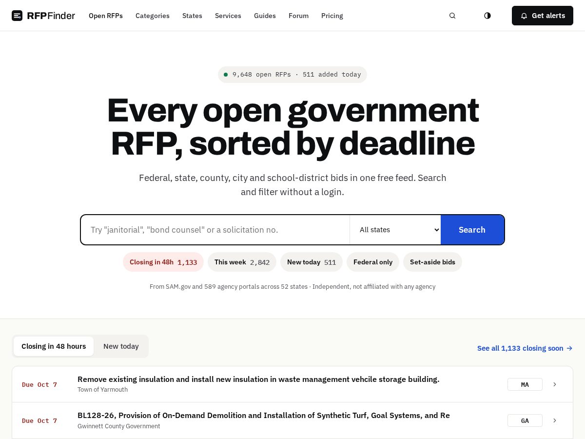 Landing-page snapshot of rfpfinder.net