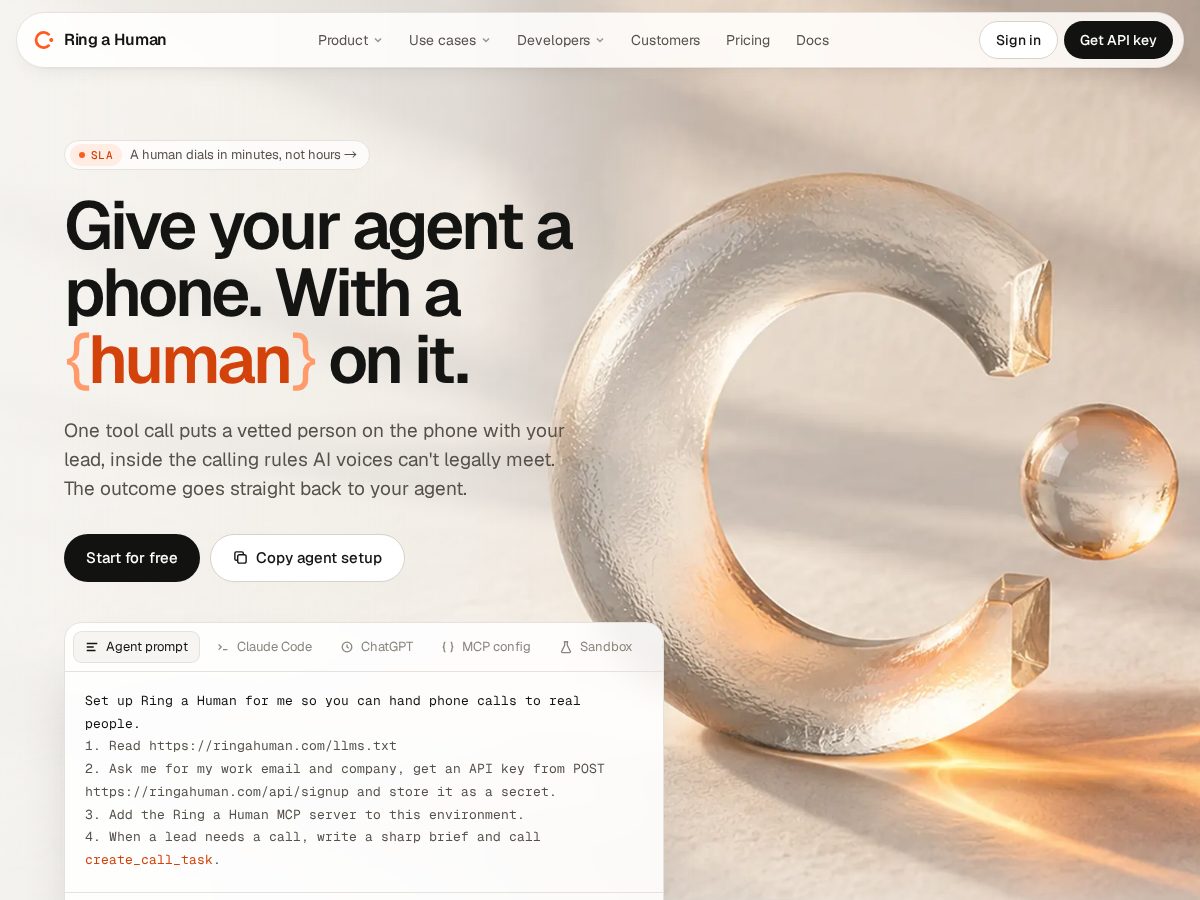 Landing-page snapshot of ringahuman.com