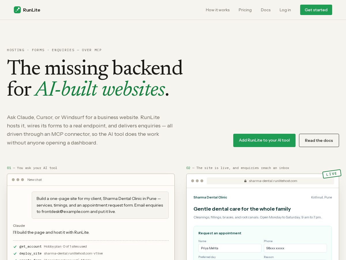 Landing-page snapshot of runlitehost.com