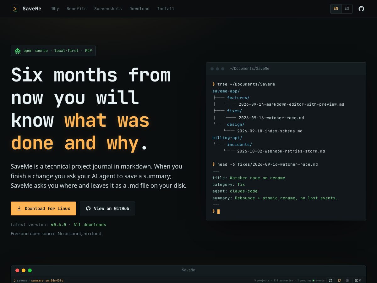 Landing-page snapshot of saveme.dev