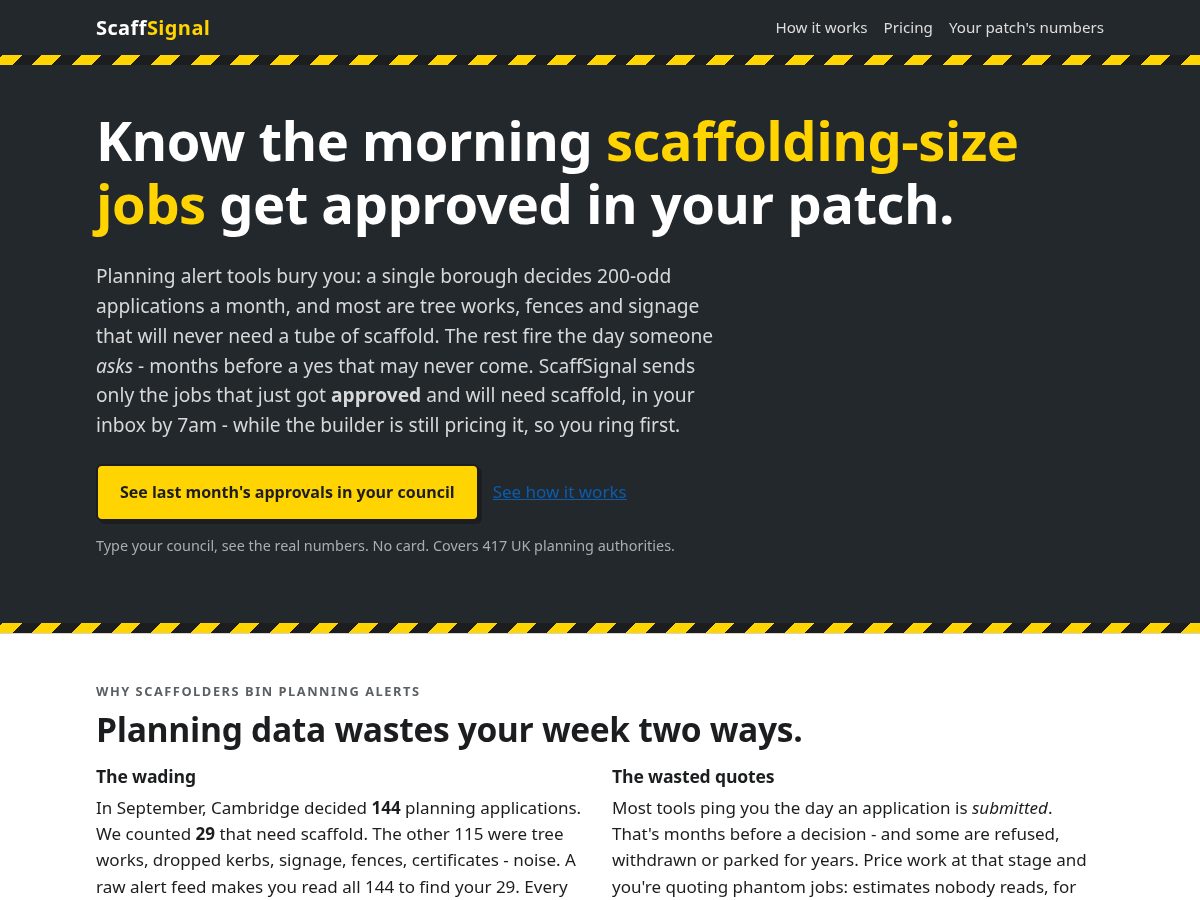 Landing-page snapshot of scaffsignal.com