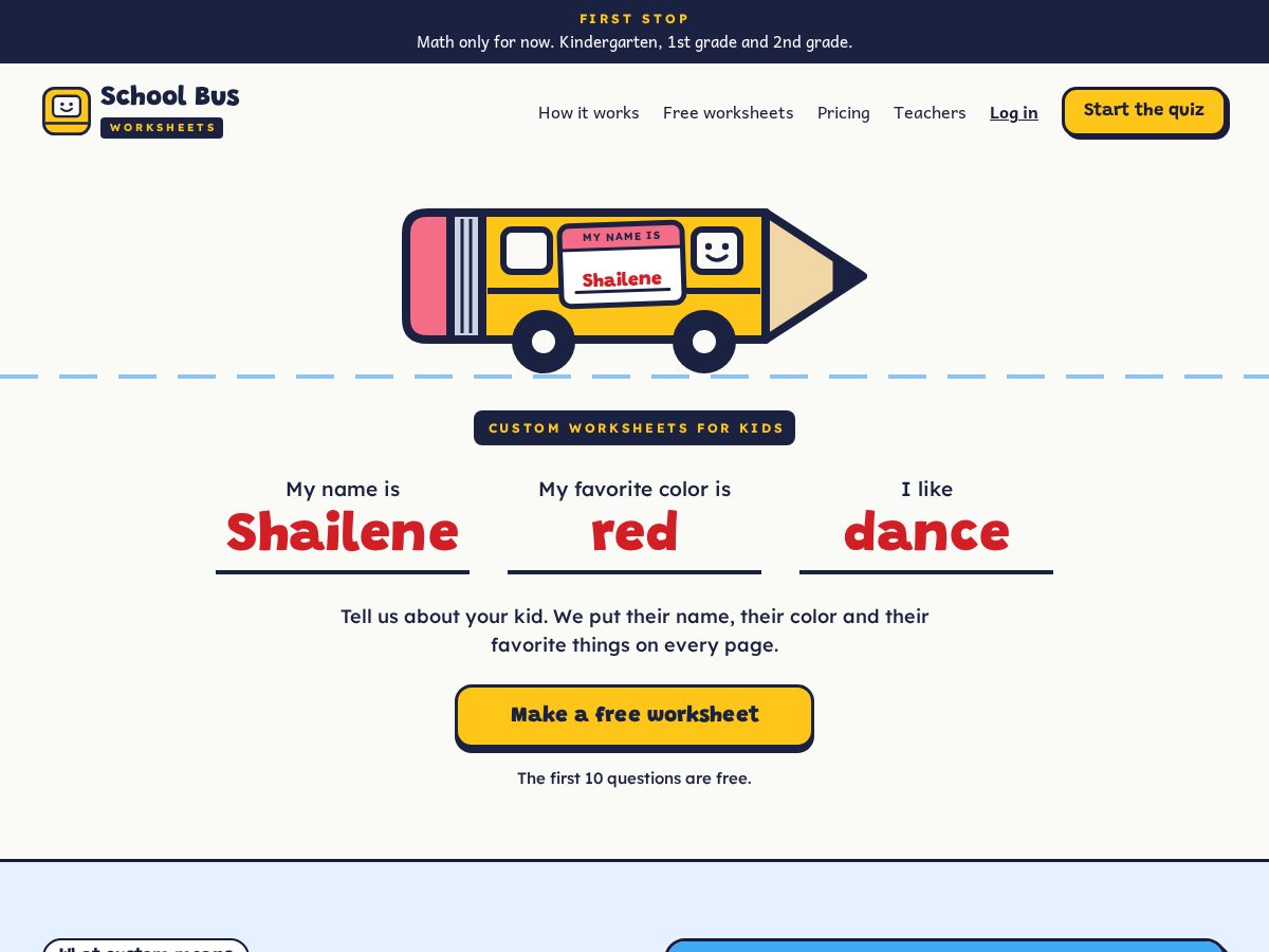 Landing-page snapshot of schoolbusworksheets.com