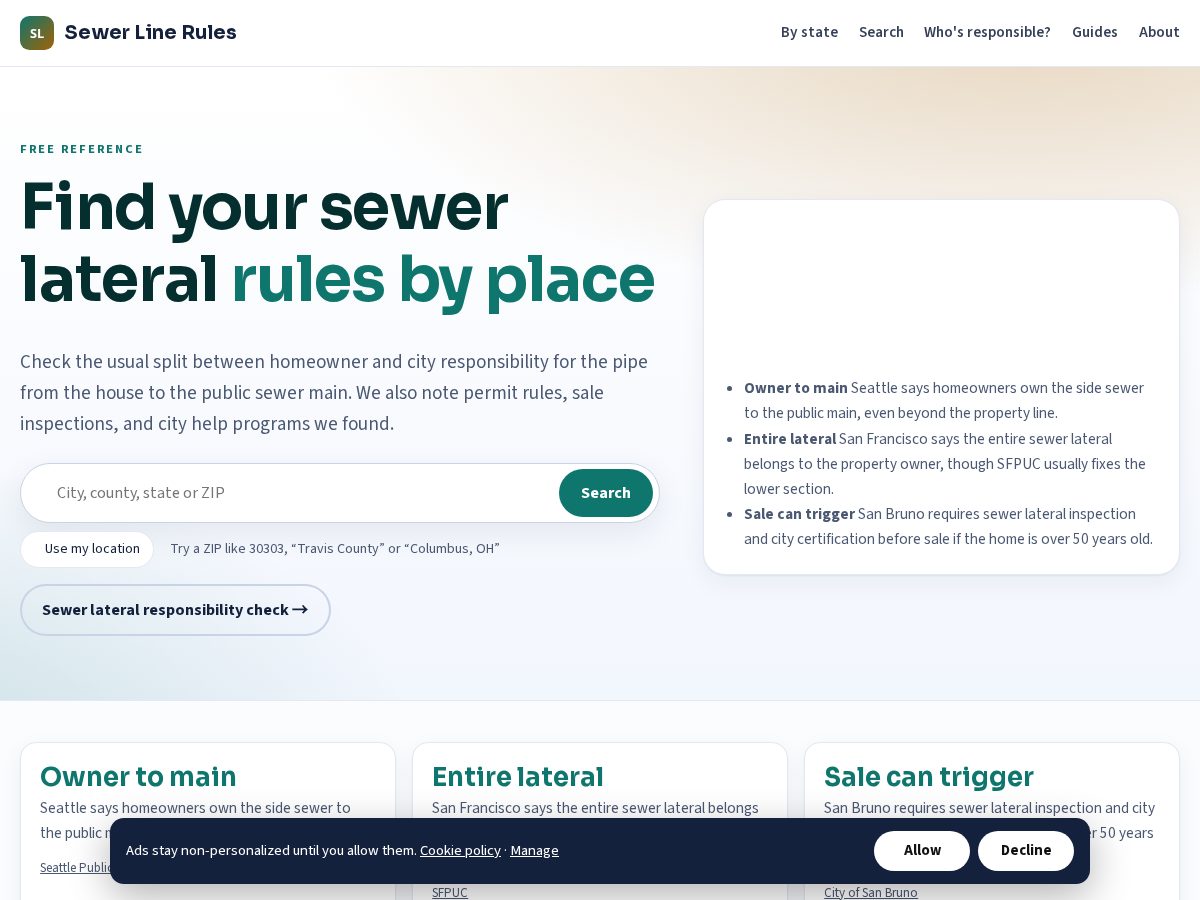 Landing-page snapshot of sewerlinerules.com