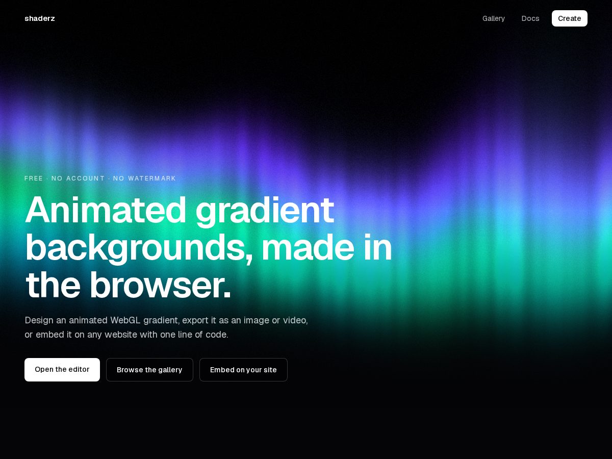 Landing-page snapshot of shaderz.fun