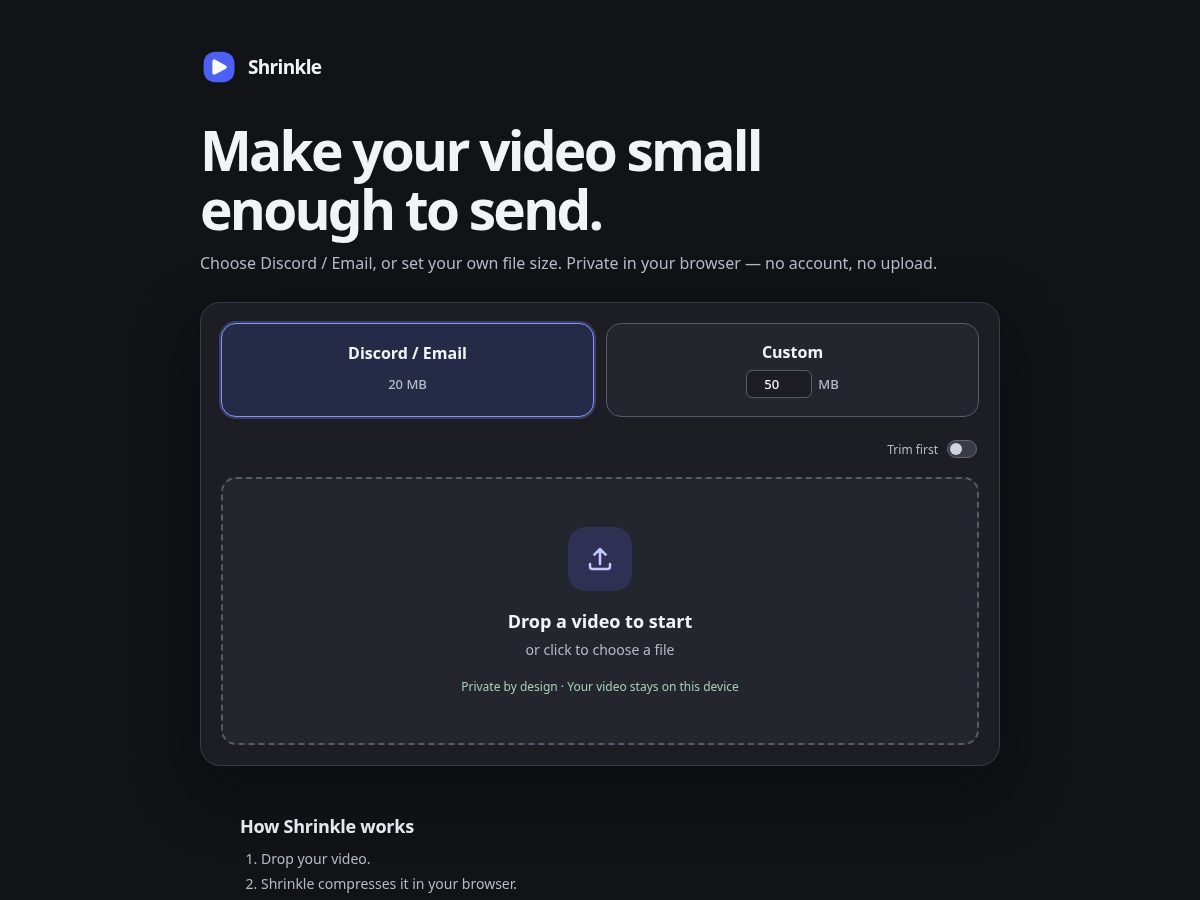 Landing-page snapshot of shrinkleapp.com