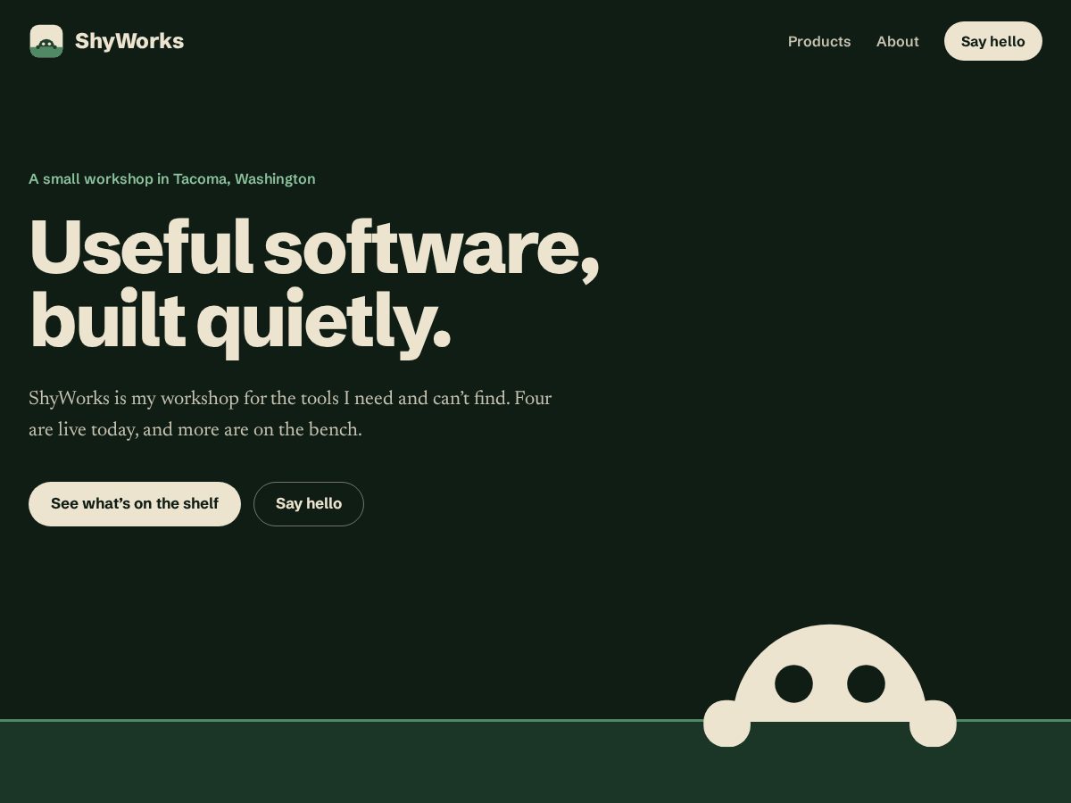 Landing-page snapshot of shyworks.dev