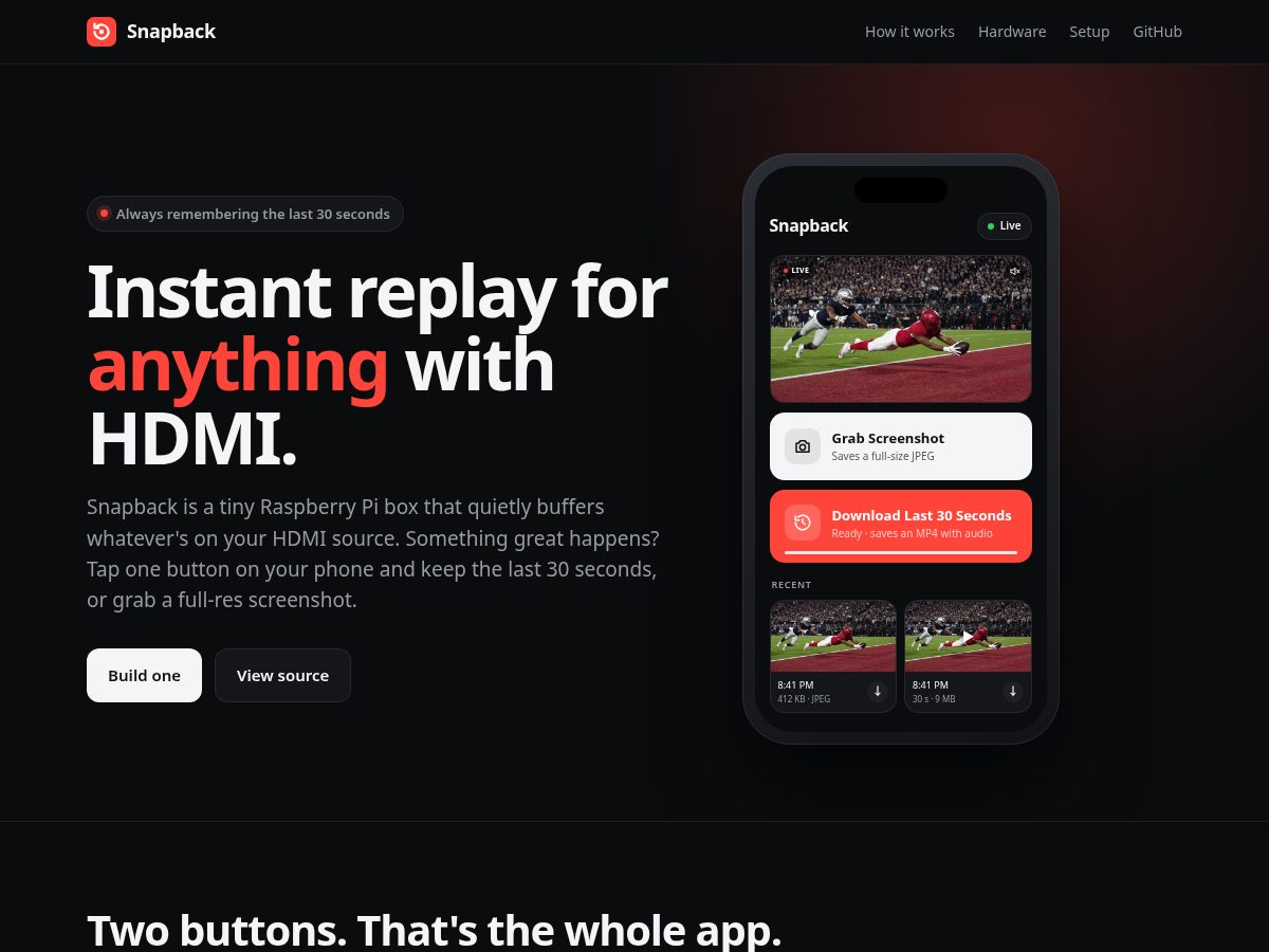 Landing-page snapshot of snapback.video