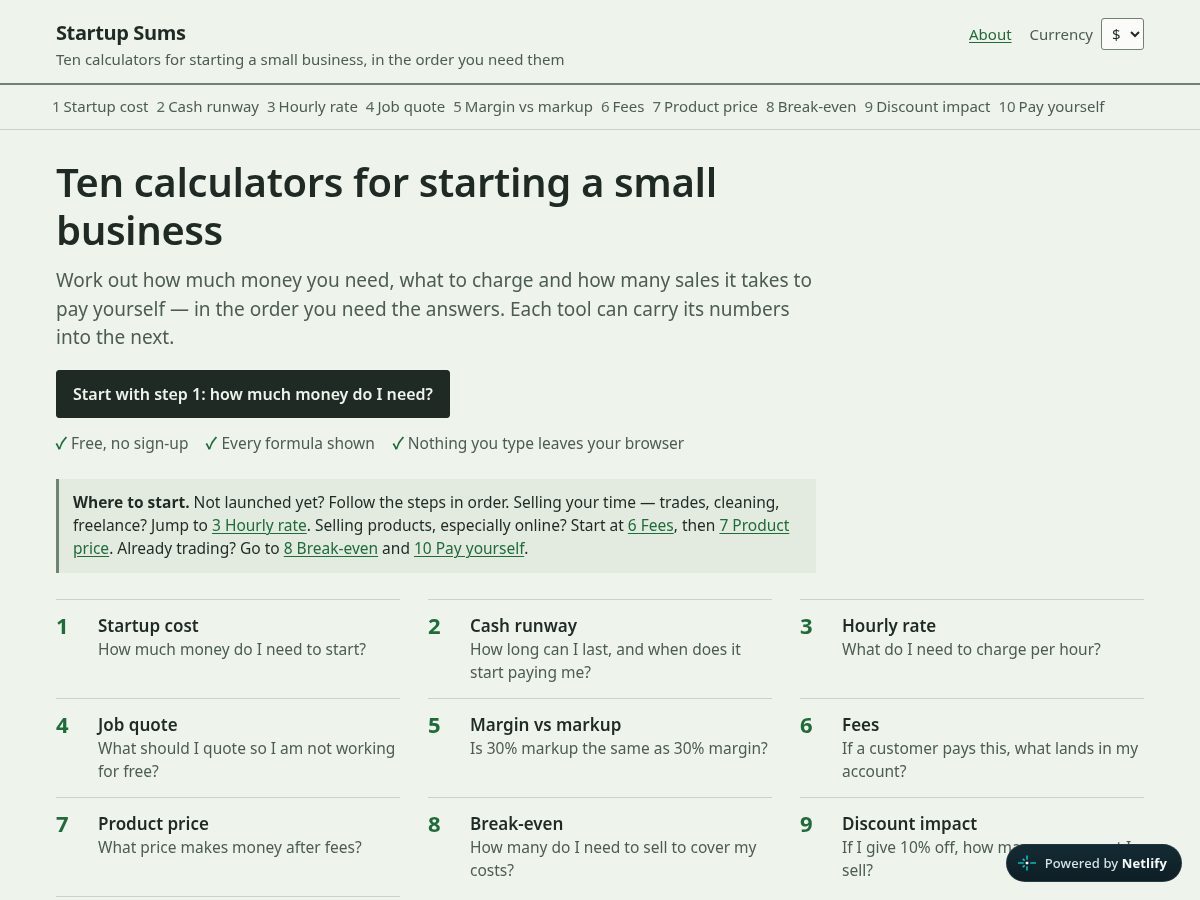 Landing-page snapshot of startupsums.com