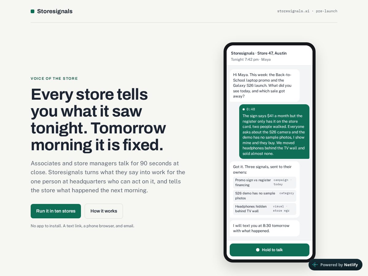 Landing-page snapshot of storesignals.xyz