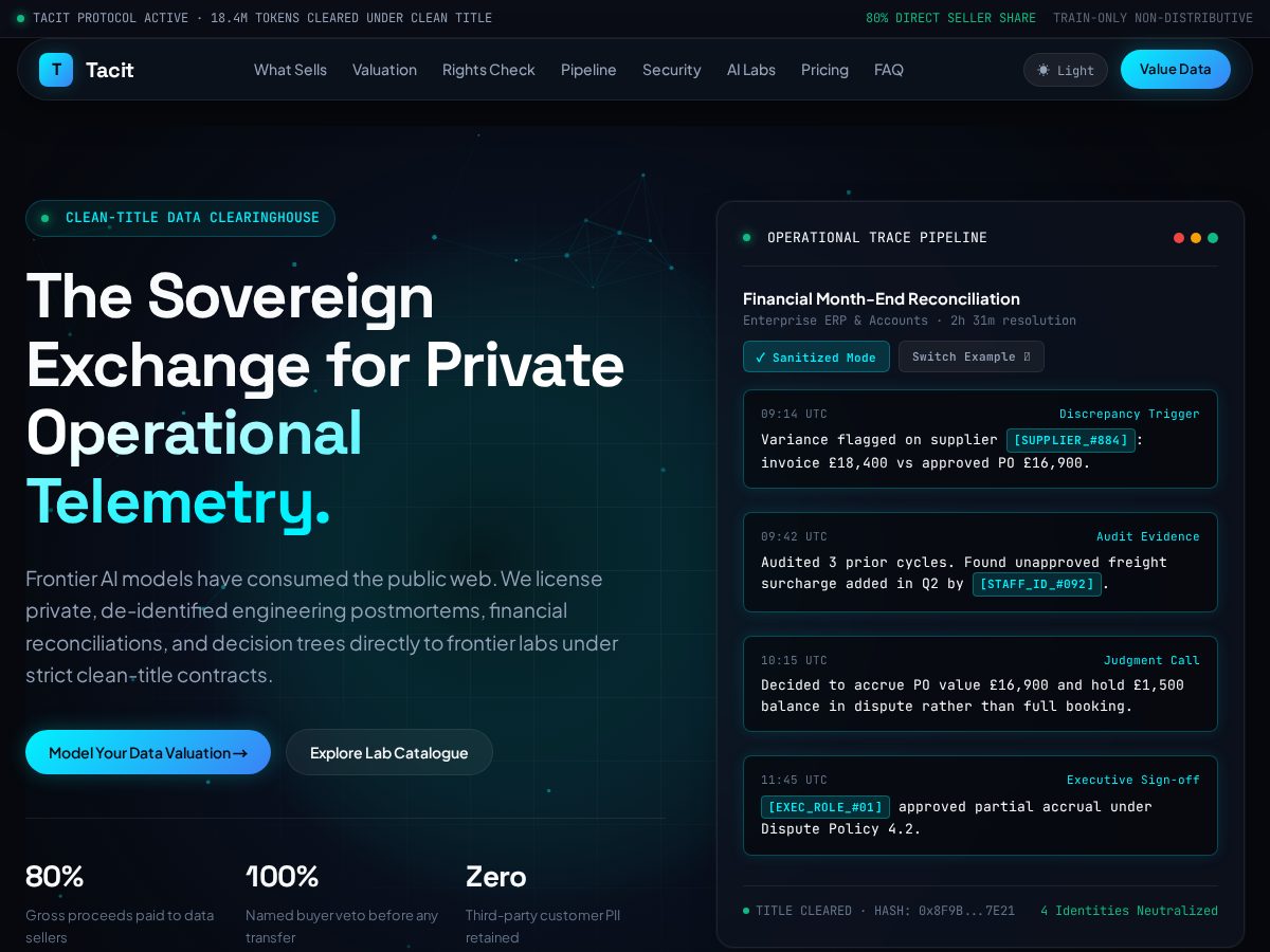 Landing-page snapshot of tacit.exchange