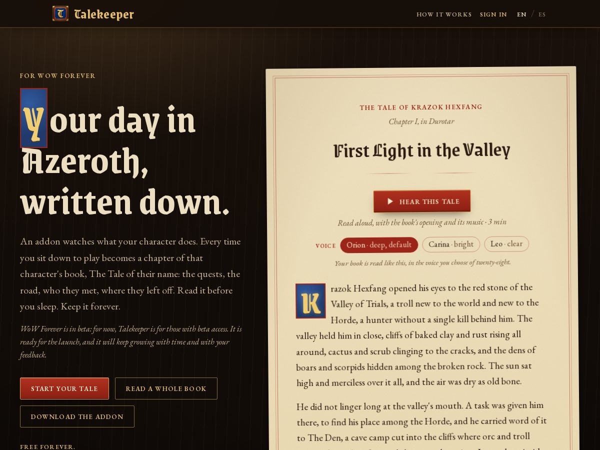 Landing-page snapshot of talekeeper.net