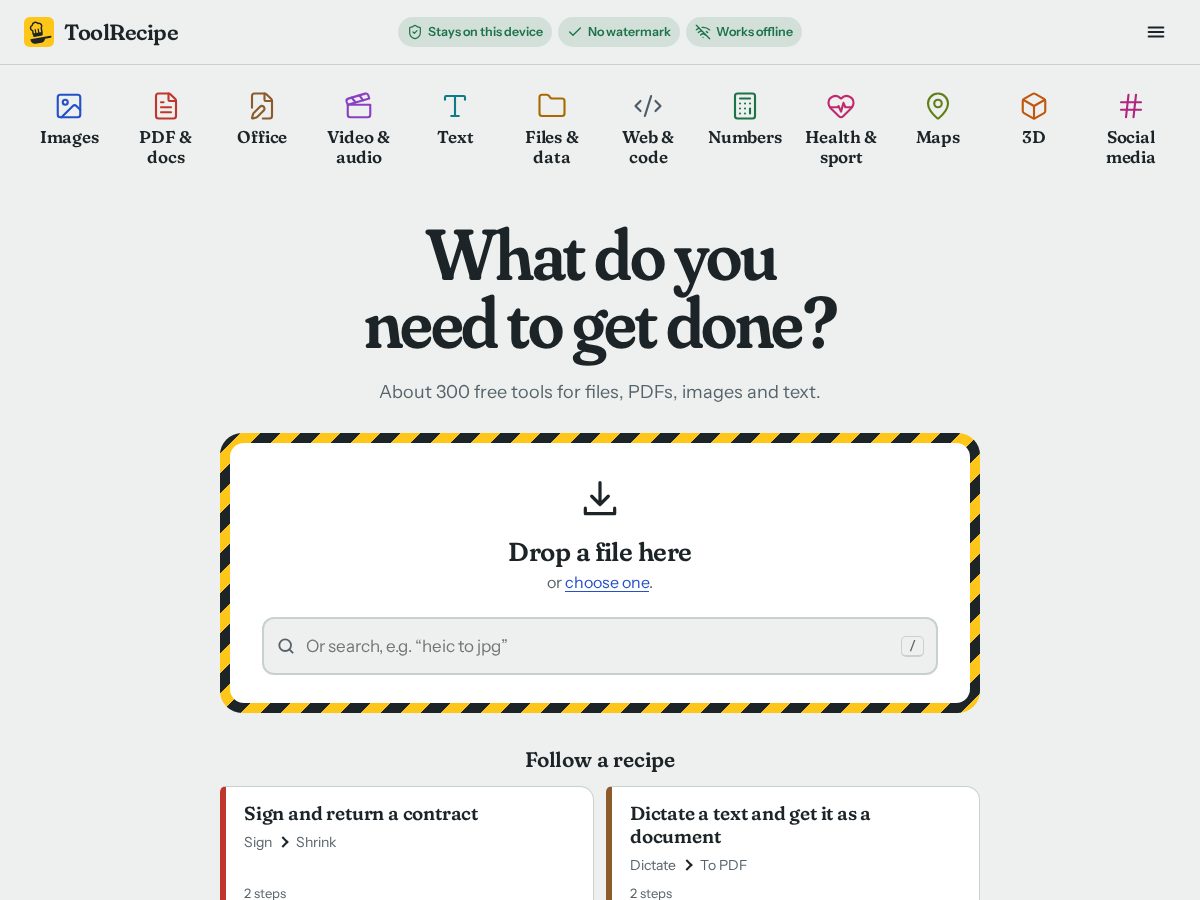 Landing-page snapshot of toolrecipe.com