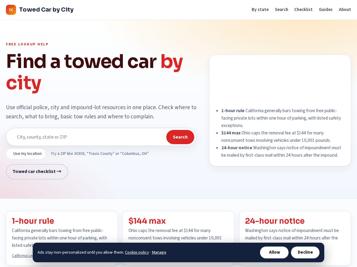 Landing-page snapshot of towedcarbycity.com