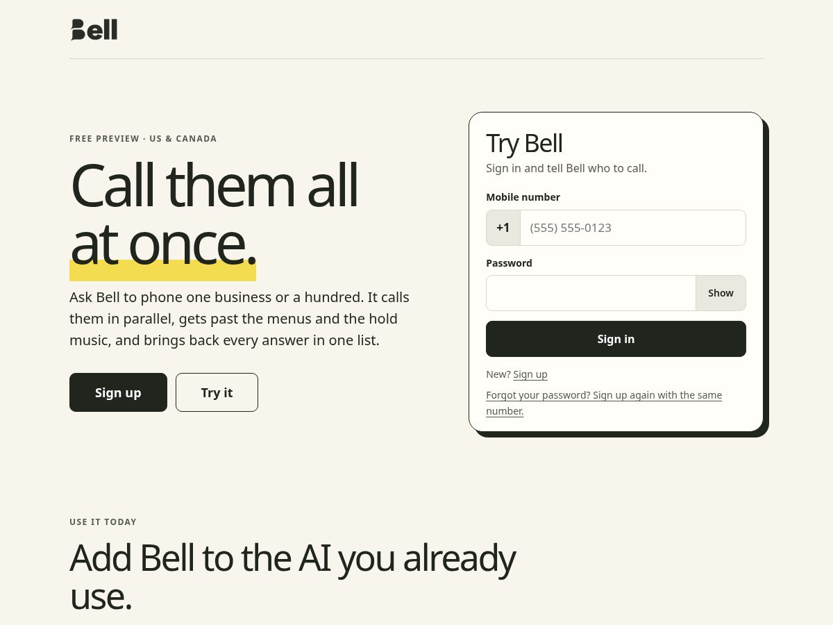 Landing-page snapshot of trybellai.com