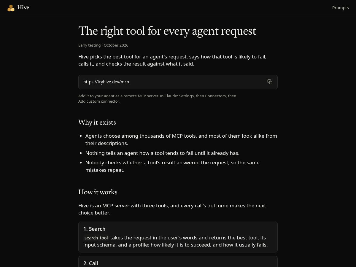 Landing-page snapshot of tryhive.dev