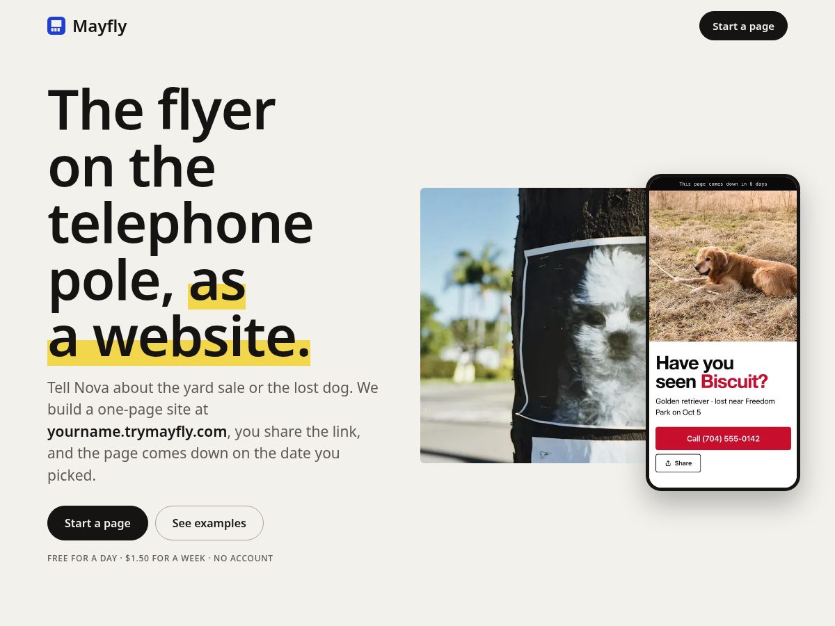 Landing-page snapshot of trymayfly.com