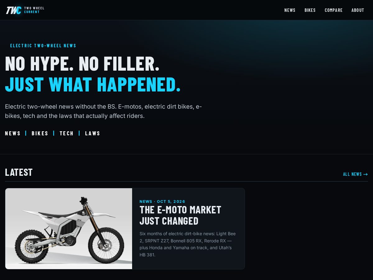 Landing-page snapshot of twowheelcurrent.com