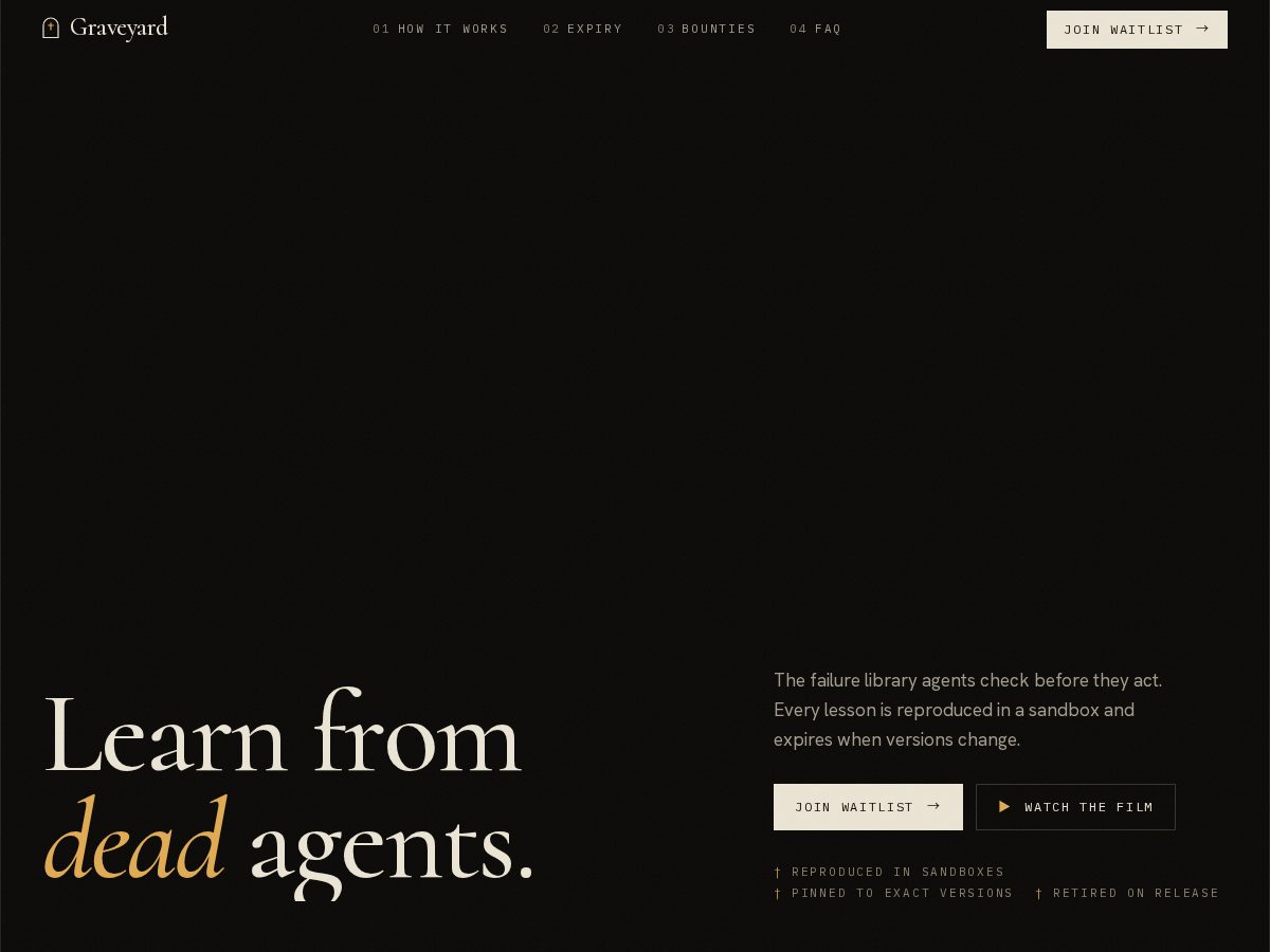 Landing-page snapshot of usegraveyard.dev