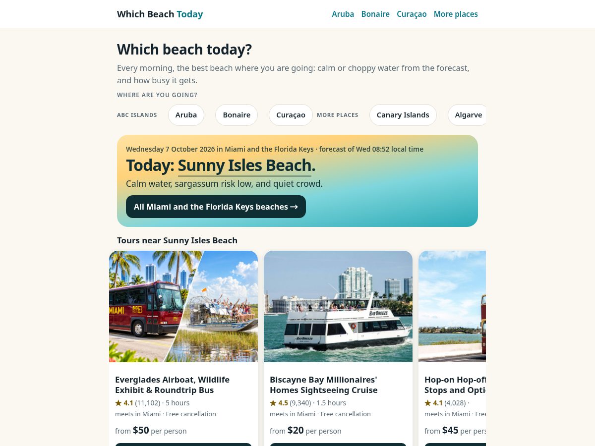 Landing-page snapshot of whatbeachtoday.com