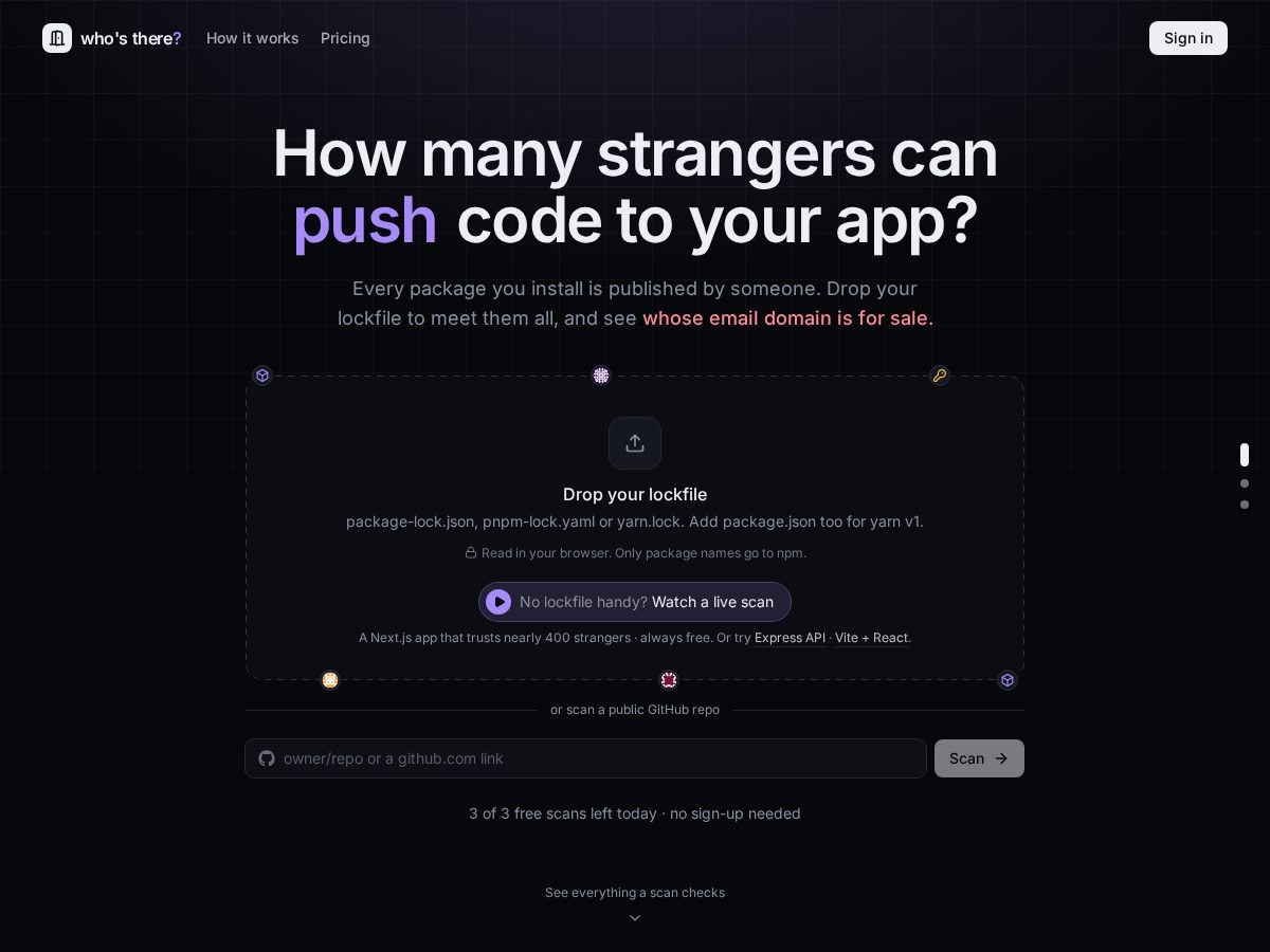 Landing-page snapshot of whosthere.dev
