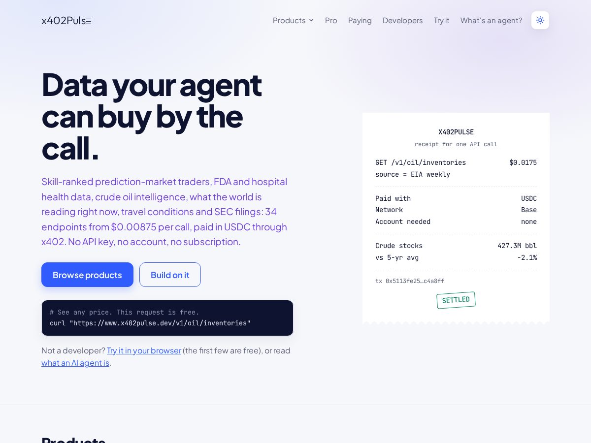 Landing-page snapshot of x402pulse.dev