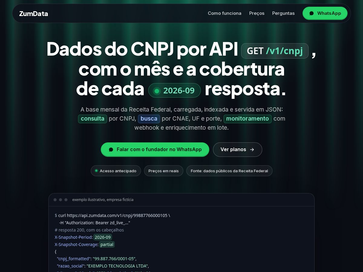 Landing-page snapshot of zumdata.com