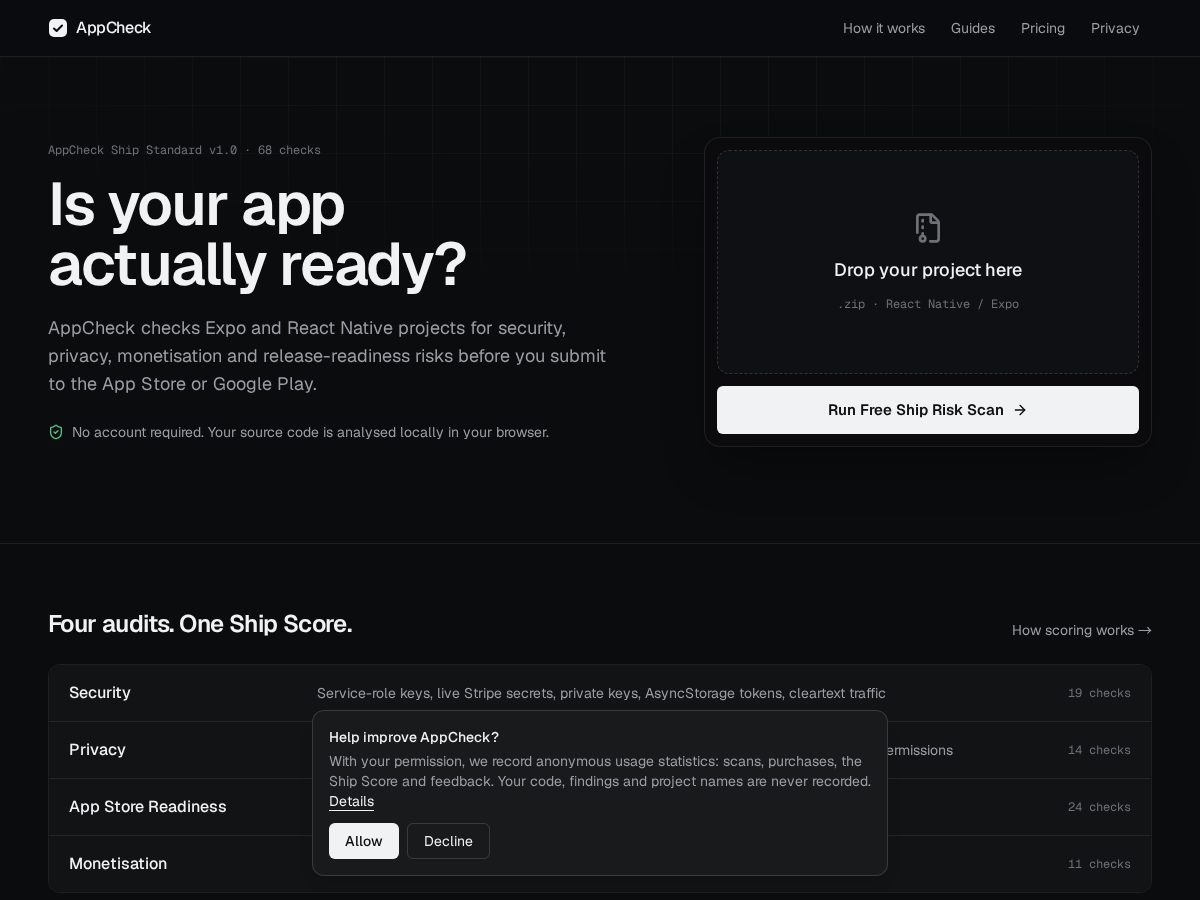 Landing-page snapshot of appcheckhq.com