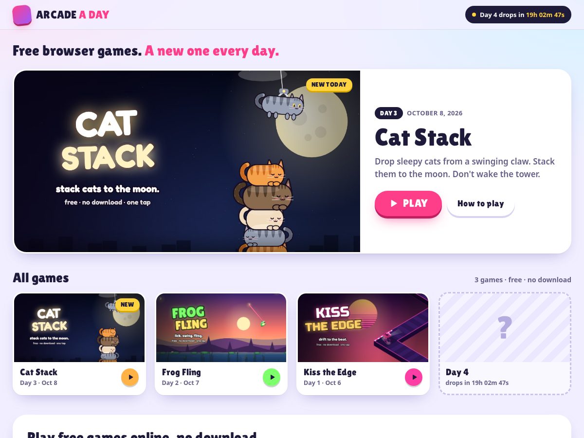 Landing-page snapshot of arcadeaday.com