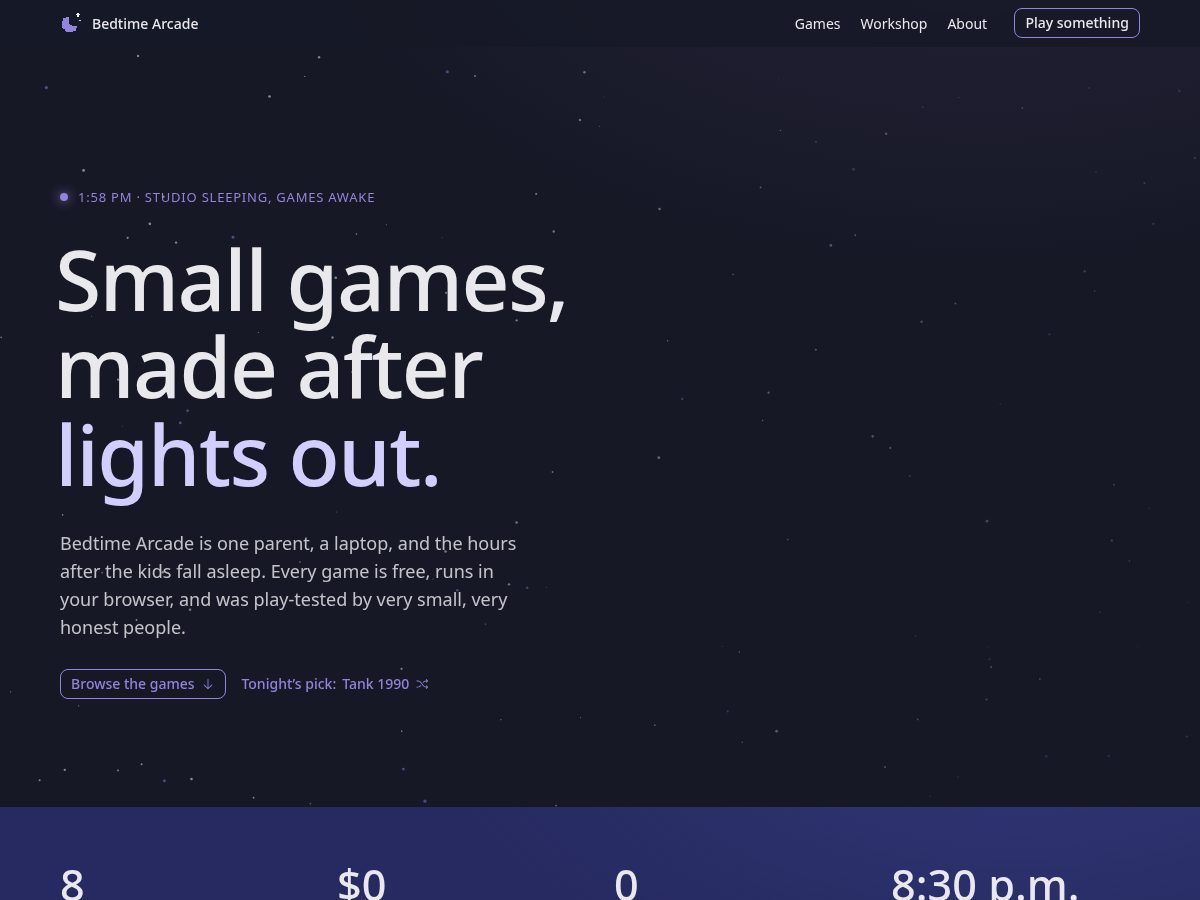 Landing-page snapshot of bedtimearcade.com