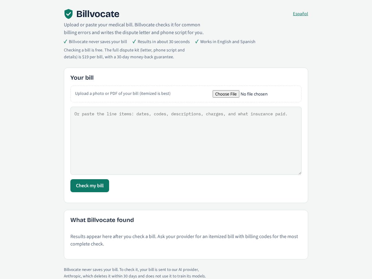 Landing-page snapshot of billvocate.com