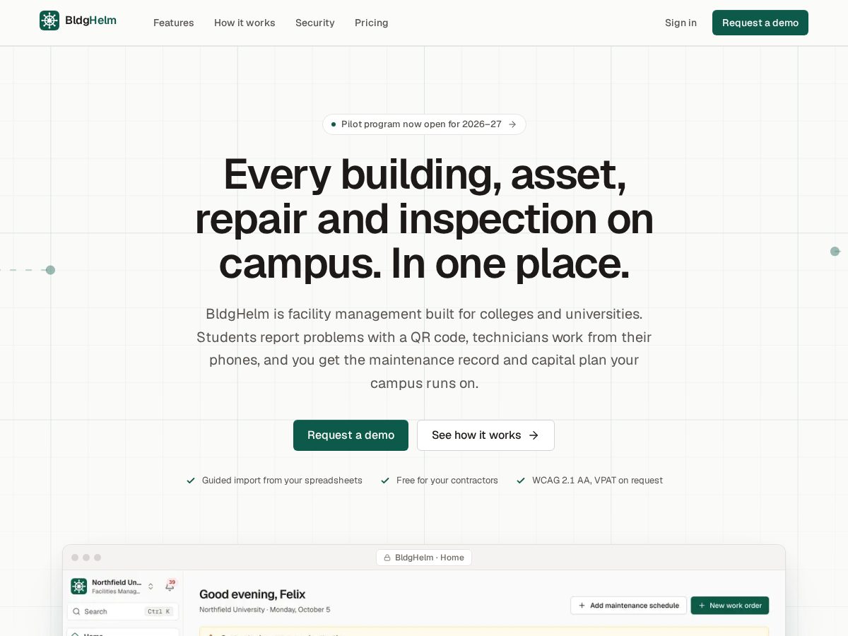 Landing-page snapshot of bldghelm.com