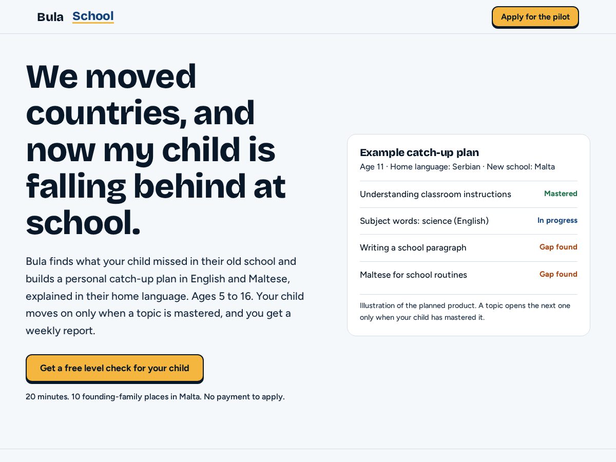 Landing-page snapshot of bulaschool.com