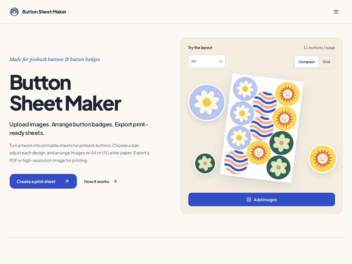 Landing-page snapshot of buttonsheetmaker.com