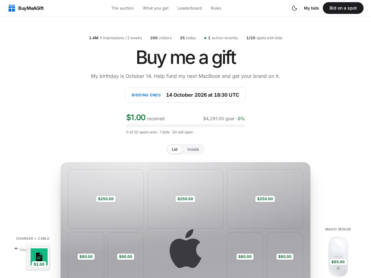 Landing-page snapshot of buymeagift.lol
