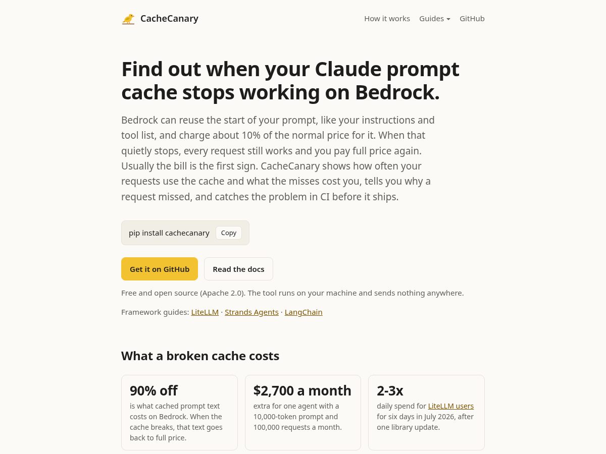 Landing-page snapshot of cachecanary.com
