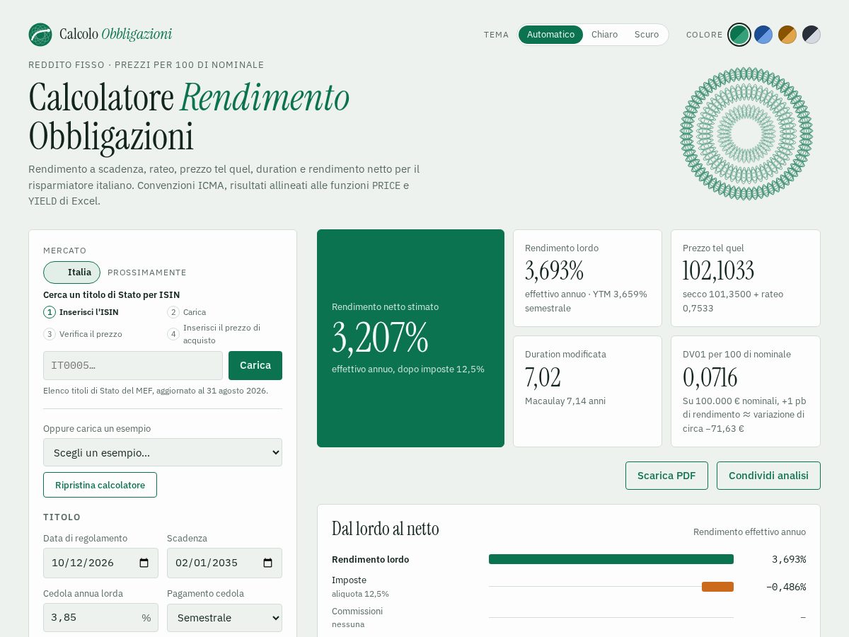 Landing-page snapshot of calcoloobbligazioni.com
