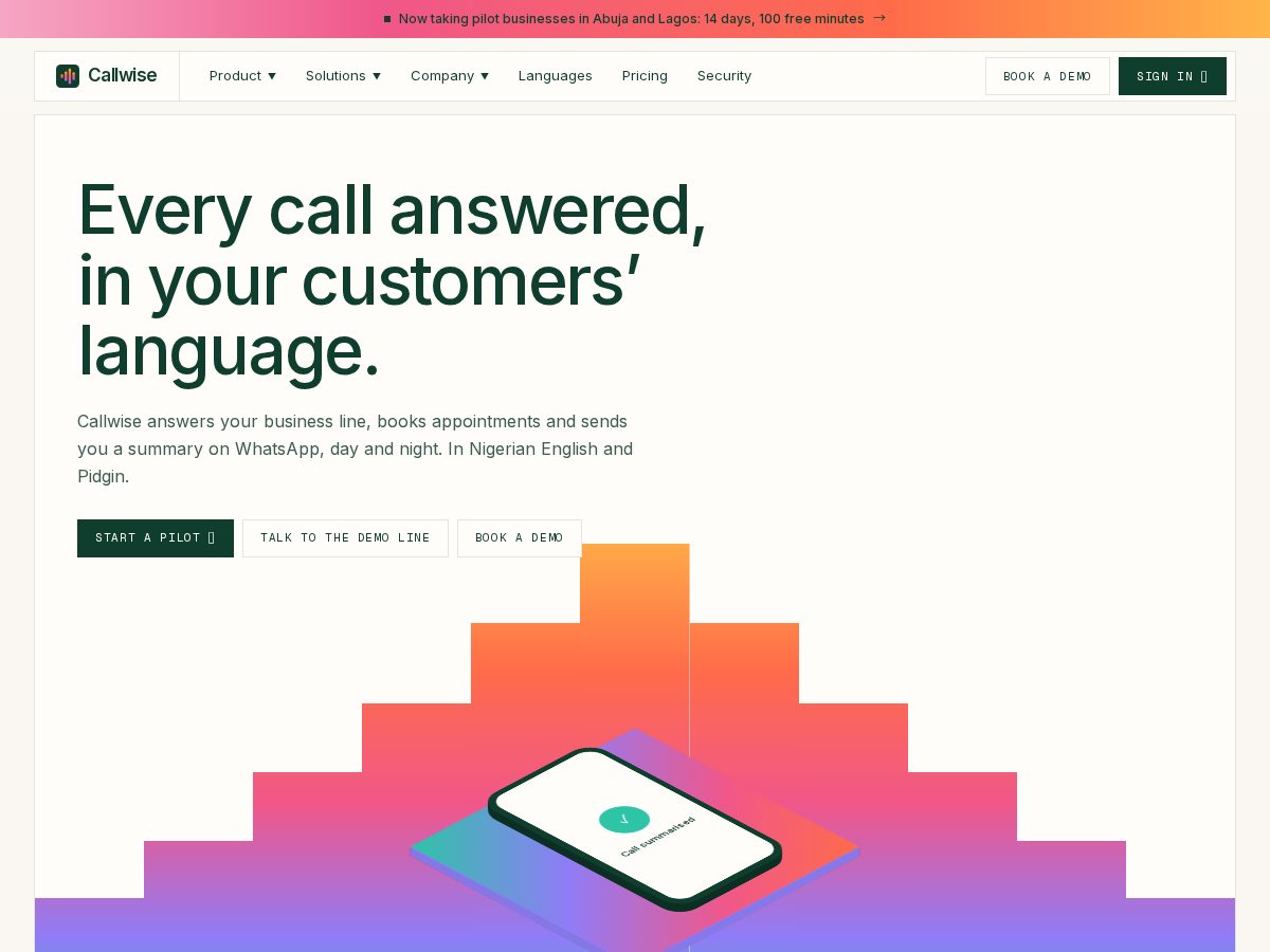 Landing-page snapshot of callwise.help